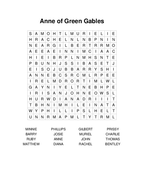 Anne of Green Gables Word Search Puzzle
