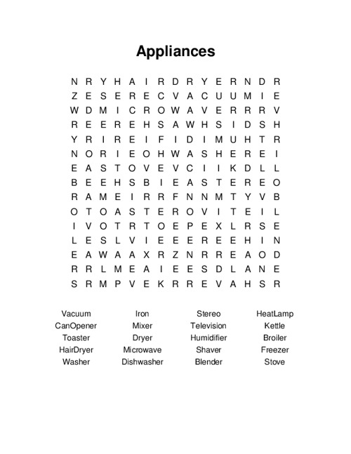 Appliances Word Search Puzzle