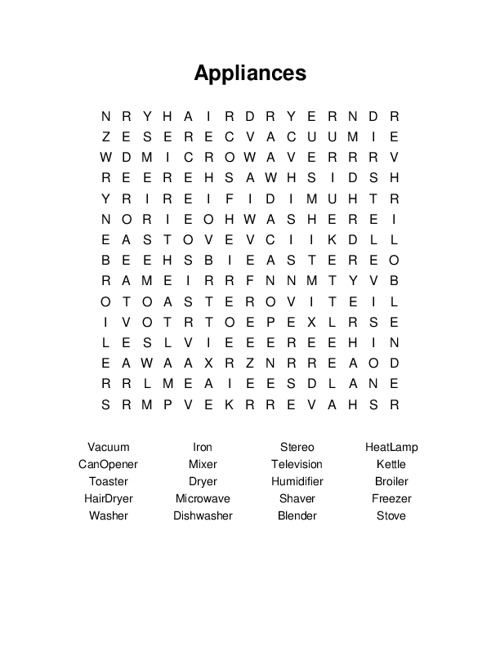 Appliances Word Search