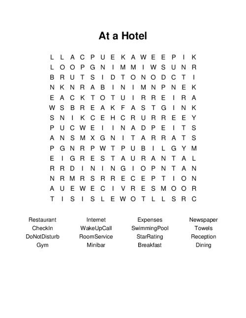 At a Hotel Word Search Puzzle