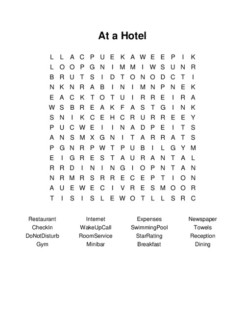 At A Hotel Word Search