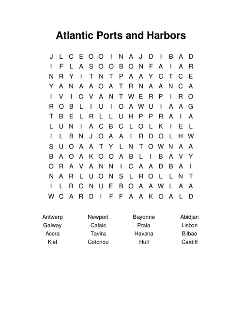 Atlantic Ports and Harbors Word Search Puzzle