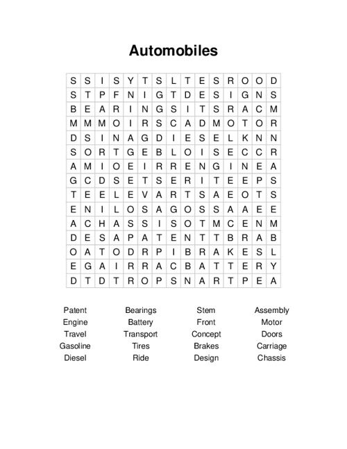 Automobiles Word Search Puzzle