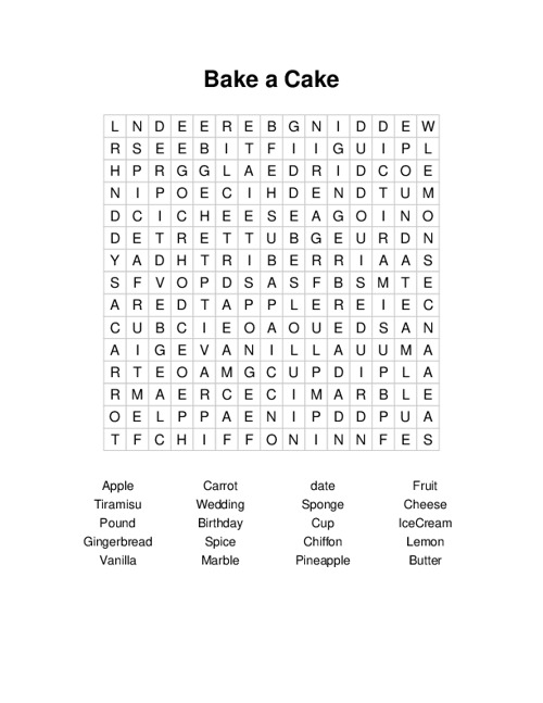 Bake A Cake Word Search