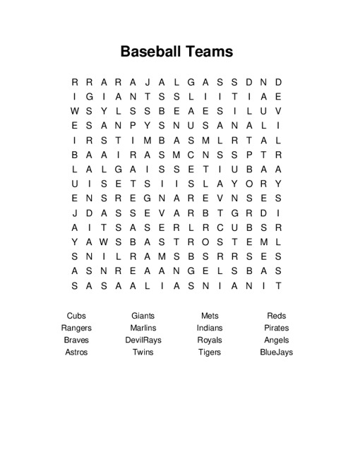 Baseball Teams Word Search Puzzle