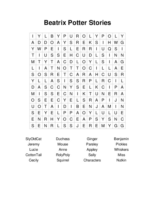 Beatrix Potter Stories Word Search Puzzle