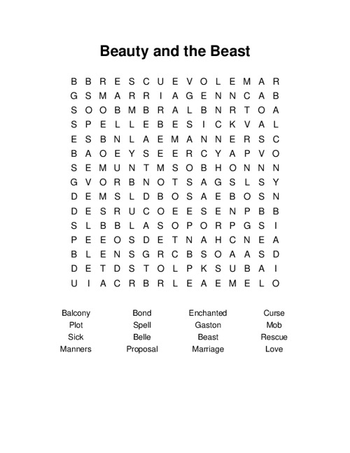 Beauty and the Beast Word Search Puzzle