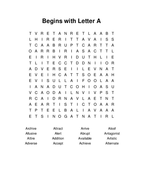 Begins with Letter A Word Search Puzzle