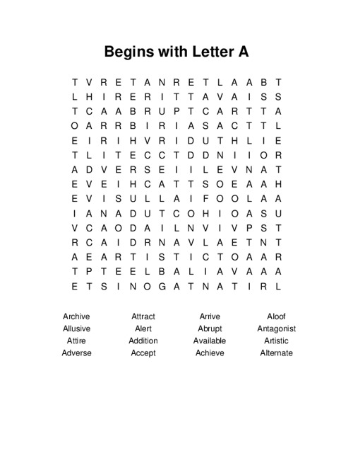 Begins With Letter A Word Search