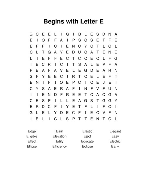 Begins with Letter E Word Search Puzzle