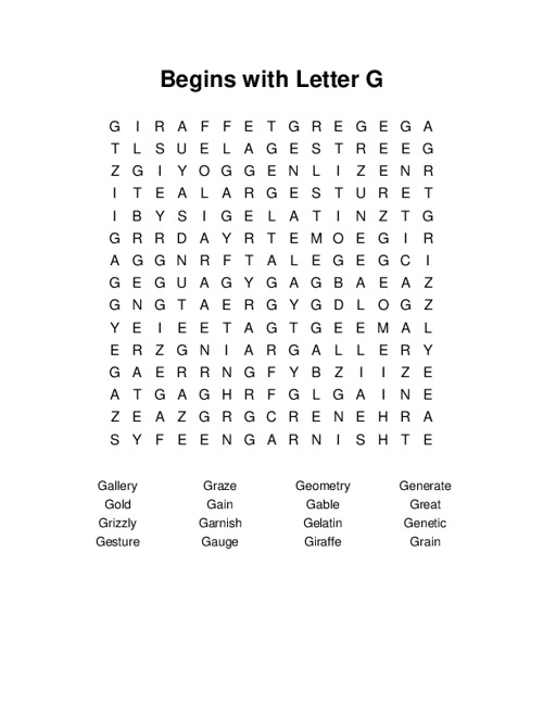 Begins with Letter G Word Search Puzzle