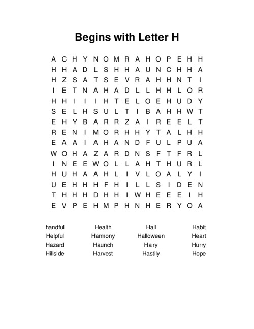 Begins with Letter H Word Search Puzzle