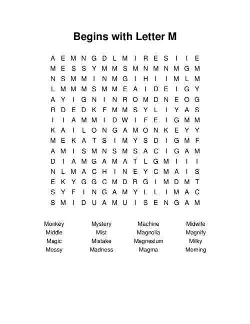 Begins with Letter M Word Search Puzzle