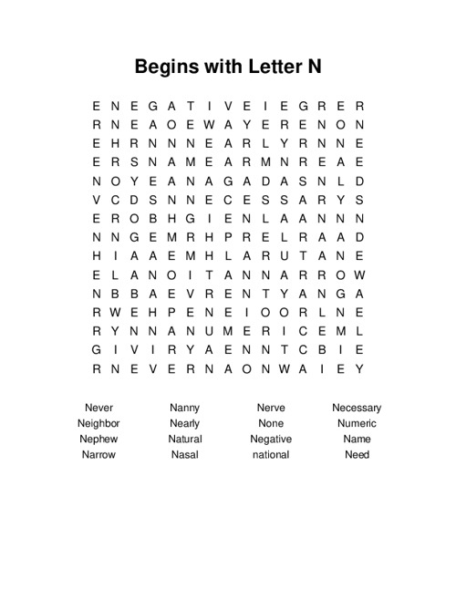 Begins with Letter N Word Search Puzzle