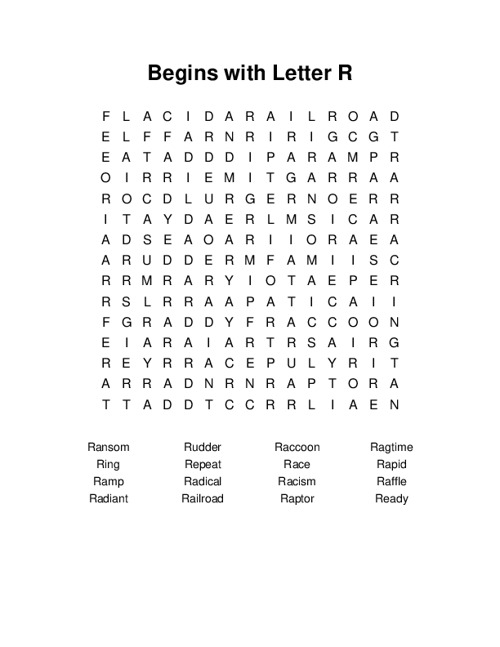 Begins with Letter R Word Search Puzzle