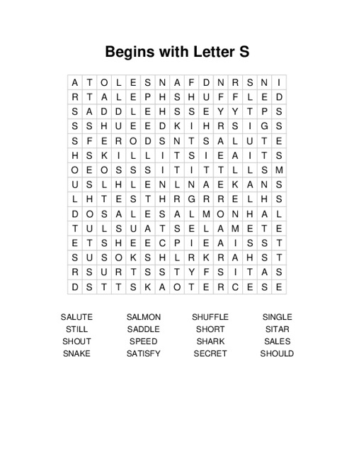 Begins with Letter S Word Search Puzzle