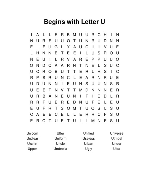 Begins with Letter U Word Search Puzzle