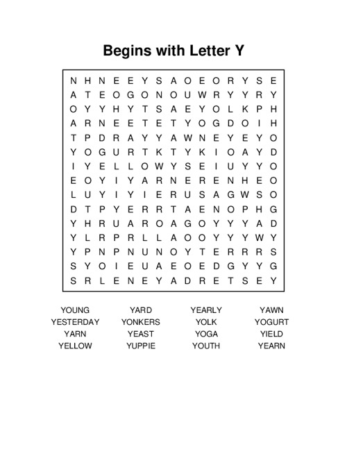Begins with Letter Y Word Search Puzzle