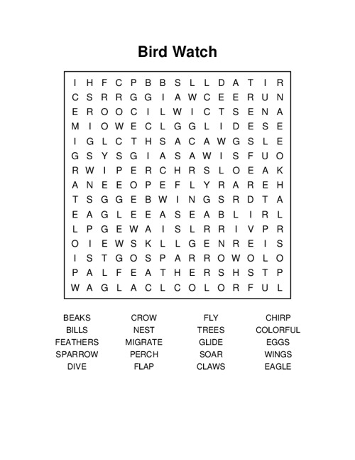 Bird Watch Word Search Puzzle