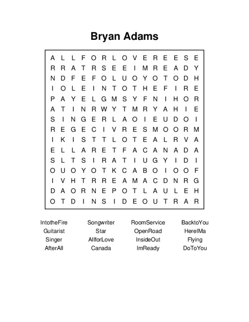 Bryan Adams Word Search Puzzle