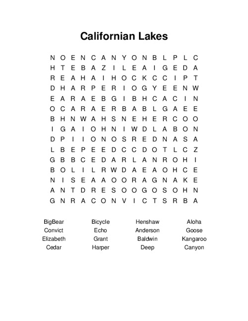 Californian Lakes Word Search Puzzle