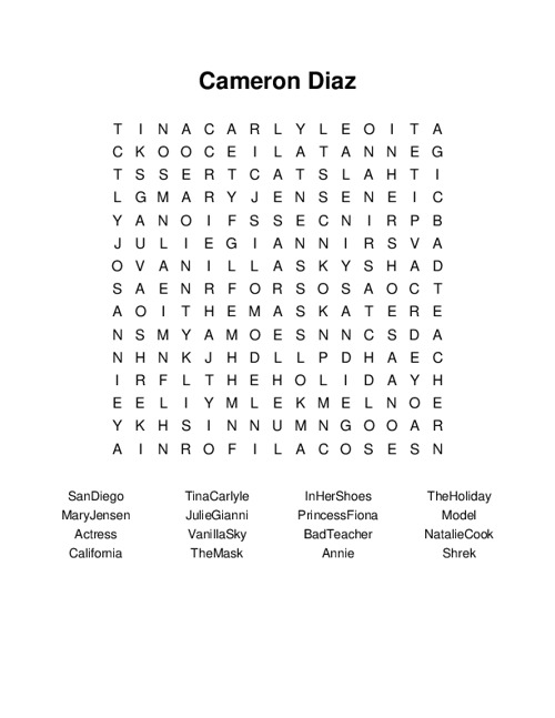 Cameron Diaz Word Search Puzzle