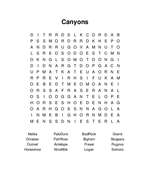 Canyons Word Search Puzzle