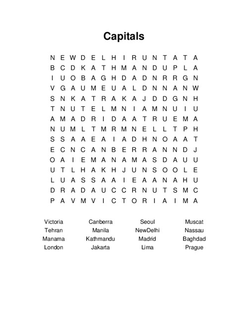 Capitals Word Search Puzzle