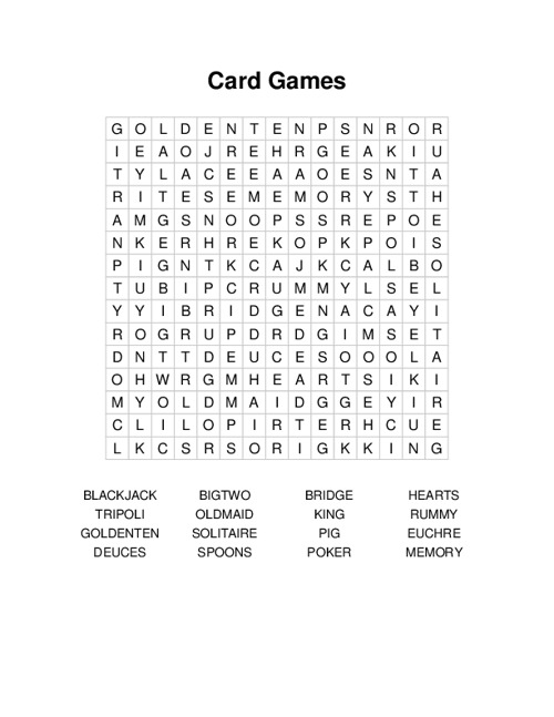 Card Games Word Search Puzzle