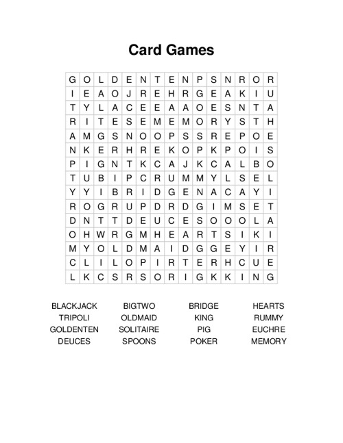 Card Games Word Search