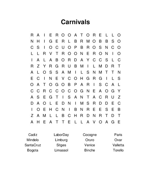 Carnivals Word Search Puzzle