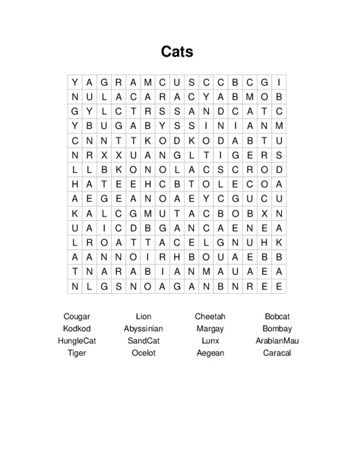 Cats Word Search Puzzle