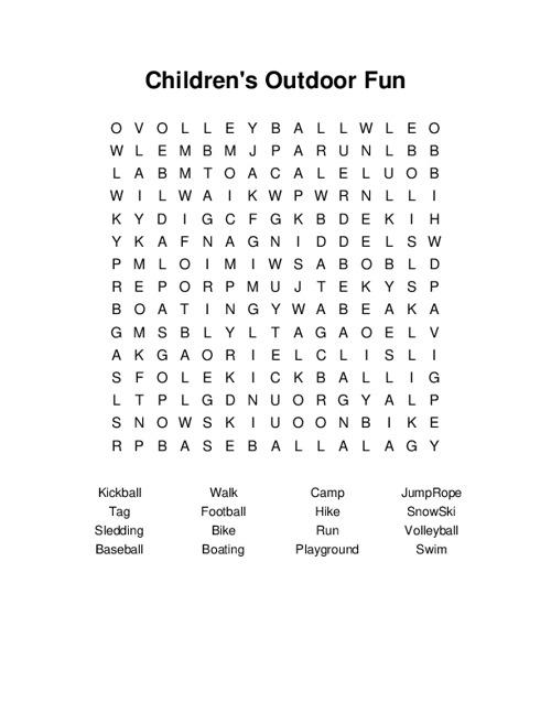 Childrens Outdoor Fun Word Search Puzzle