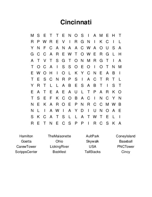 Cincinnati Word Search Puzzle