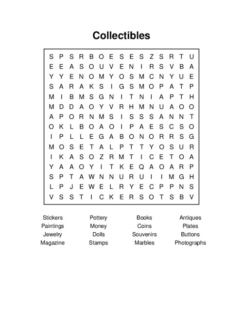 Collectibles Word Search Puzzle