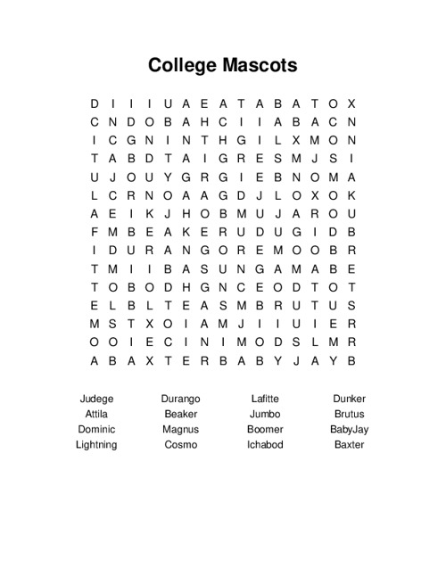 College Mascots Word Search Puzzle