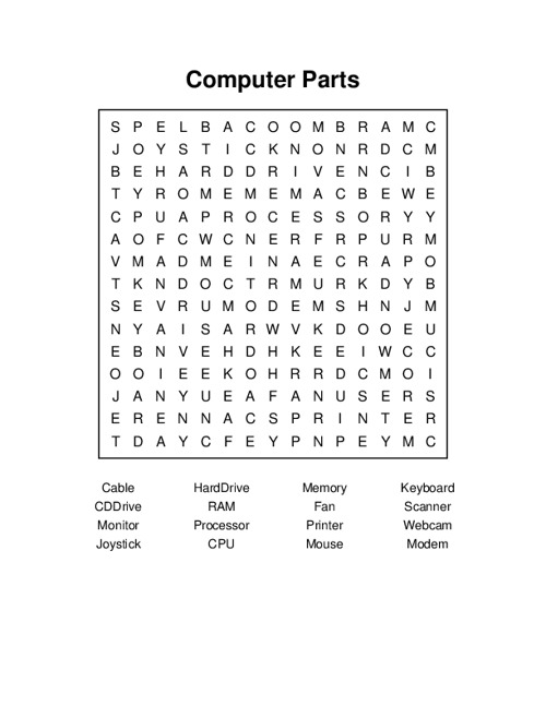 Computer Parts Word Search Puzzle