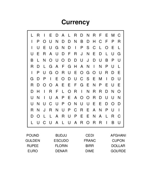 Currency Word Search Puzzle