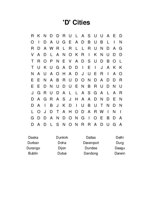 D Cities Word Search Puzzle