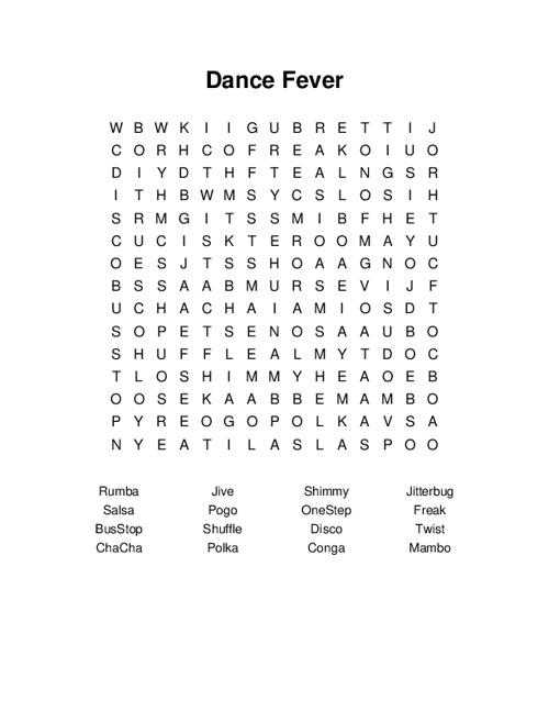 Dance Fever Word Search Puzzle