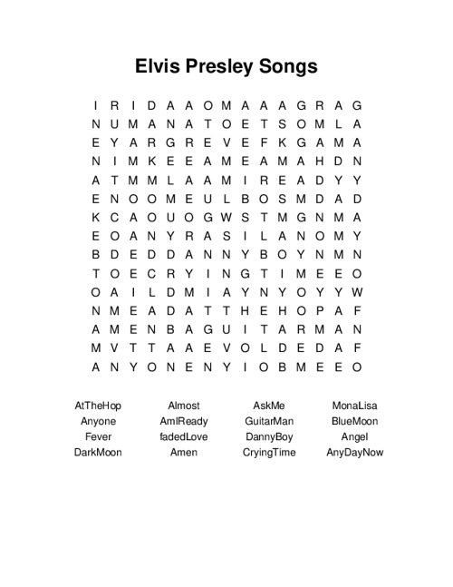 Elvis Presley Songs Word Search Puzzle