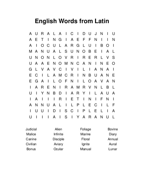 English Words from Latin Word Search Puzzle