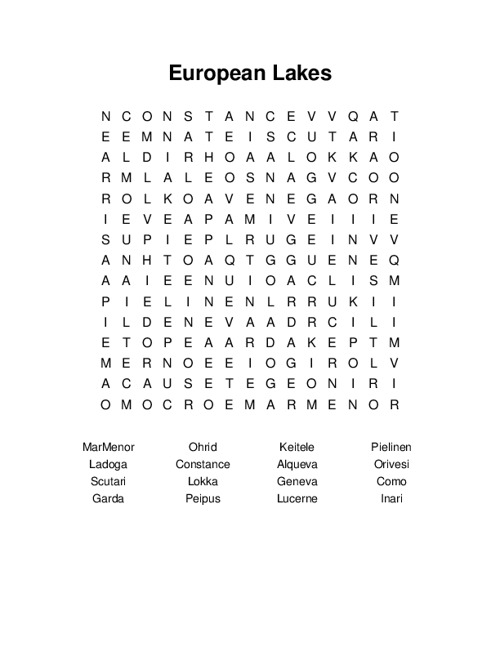European Lakes Word Search Puzzle