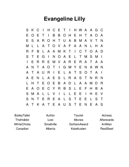 Evangeline Lilly Word Search Puzzle