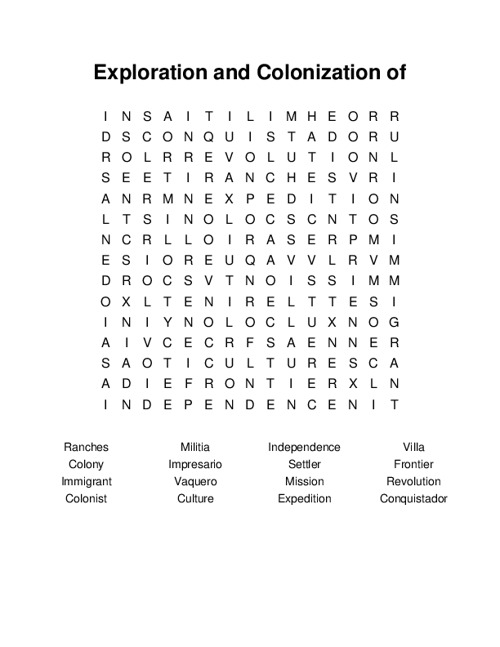 Exploration and Colonization of Texas Word Search Puzzle