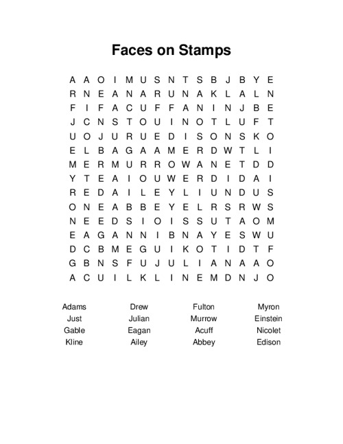 Faces on Stamps Word Search Puzzle