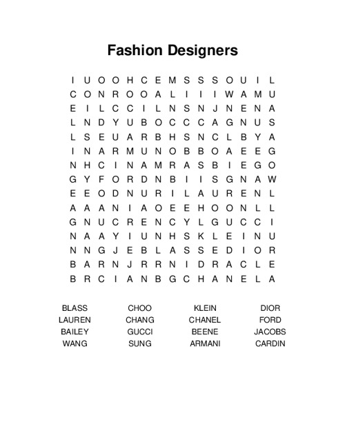 Fashion Designers Word Search Puzzle