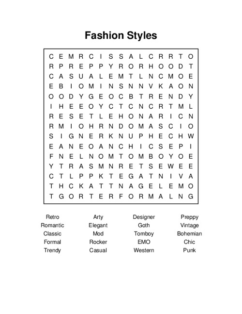 Fashion Styles Word Search Puzzle