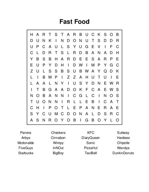 Fast Food Word Search Puzzle