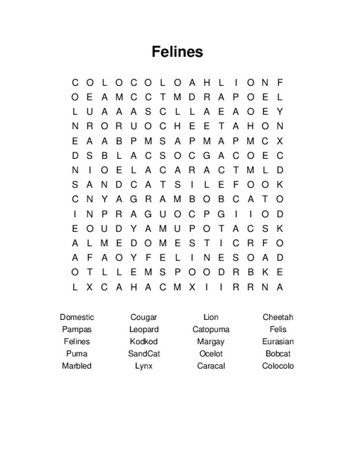 Felines Word Search Puzzle